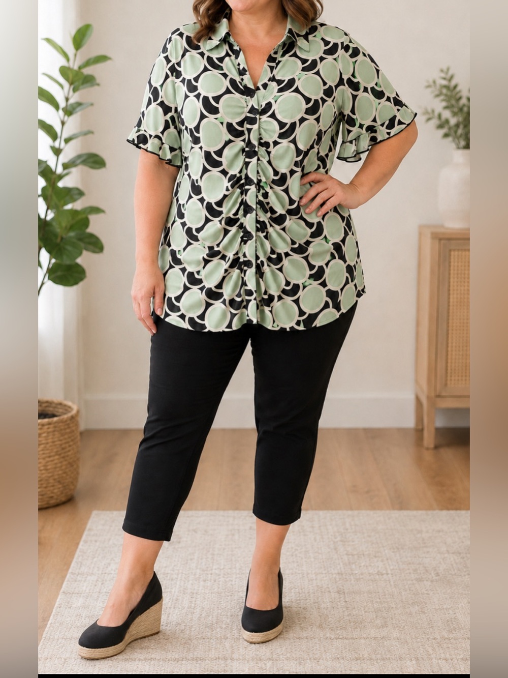 Cato Mint Geo Print Ruched Button-Front Women’s Top Size 18/20